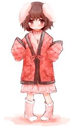 Rule 34 | 1girl, animal ears, blush, brown eyes, brown hair, carrot, carrot necklace, dress, furorida, highres, inaba tewi, japanese clothes, jewelry, kimono, long sleeves, necklace, open mouth, patterned legwear, pendant, pigeon-toed, pink dress, quilted, quilted jacket, rabbit ears, red kimono, sleeves past wrists, socks, solo, touhou, wide sleeves, yukata