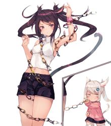 Rule 34 | &gt;:), 2girls, animal ears, arm up, armpits, warrior of light (ff14), bare arms, bare shoulders, black hair, black shorts, black skirt, blush, breasts, cat ears, cat girl, cat tail, chain, closed mouth, commentary request, facial mark, final fantasy, final fantasy xiv, grey eyes, hair ornament, hand up, highres, holding, long sleeves, midriff, miqo&#039;te, multiple girls, navel, pink shirt, purple eyes, shirt, short shorts, shorts, silver hair, simple background, skirt, sleeveless, sleeveless shirt, small breasts, smile, swept bangs, tail, tail raised, tota (sizukurubiks), turtleneck, twintails, v-shaped eyebrows, whisker markings, white background, white shirt, wristband