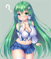 Rule 34 | 1girl, :o, ?, bare shoulders, blue skirt, blush, breasts, cleavage, collarbone, covered erect nipples, cowboy shot, detached sleeves, finger to mouth, frog hair ornament, green background, green eyes, green hair, hair ornament, hair tubes, kochiya sanae, large breasts, long hair, midriff, miniskirt, navel, shirt, simple background, skirt, snake hair ornament, solo, takeponi, thighhighs, touhou, very long hair, white shirt, white thighhighs