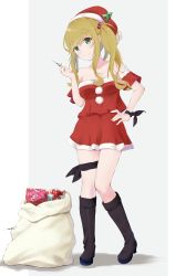 Rule 34 | 1girl, absurdres, blonde hair, boots, box, christmas, fang, file112056, full body, gift, gift box, green eyes, hair bobbles, hair ornament, hand on own hip, hat, highres, inuyama aoi, knee boots, off shoulder, sack, santa costume, santa hat, side ponytail, simple background, skin fang, solo, syringe, thick eyebrows, yurucamp