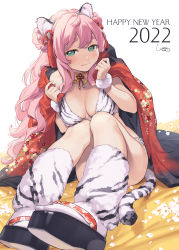 Rule 34 | 1girl, 2022, animal ears, animal print, bikini, breasts, chinese zodiac, closed mouth, commentary request, floral print, green eyes, happy new year, highres, japanese clothes, kimono, long hair, looking at viewer, medium breasts, nengajou, new year, original, pink hair, print bikini, red kimono, simple background, sitting, smile, solo, swimsuit, tabi, tail, thick eyebrows, tiger ears, tiger girl, tiger print, tiger tail, wantan meo, white background, white bikini, year of the tiger