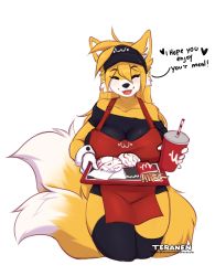 Rule 34 | artist name, black thighhighs, brand name imitation, burger, closed eyes, genderswap, english text, food, french fries, furry, furry female, genderswap, mcdonald&#039;s, tails (sonic), open mouth, smile, sonic (series), tails (sonic), teranen, thighhighs