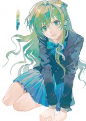 Rule 34 | 1girl, alternate costume, blazer, blue bow, blue skirt, bow, bowtie, color guide, commentary, frog hair ornament, full body, green eyes, green hair, hair ornament, hands on ground, highres, jacket, kochiya sanae, long hair, long sleeves, looking at viewer, miniskirt, pleated skirt, school uniform, seiza, sitting, skirt, snake hair ornament, solo, touhou, white background, xianyu liang