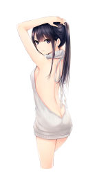 Rule 34 | 1girl, arms up, ass, back, back focus, backless dress, backless outfit, bare arms, bare back, bare shoulders, black hair, blush, breasts, butt crack, closed mouth, coffee-kizoku, commentary request, cowboy shot, cropped legs, dress, female focus, from behind, grey dress, grey ribbon, grey sweater, halterneck, highres, long hair, looking at viewer, looking back, medium breasts, meme attire, naked sweater, no bra, no panties, original, pink lips, ponytail, purple eyes, ribbed sweater, shiramine rika, sideboob, simple background, sleeveless, solo, standing, sweater, sweater dress, tsurime, turtleneck, turtleneck sweater, virgin killer sweater, white background