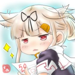 Rule 34 | 1girl, black ribbon, blue background, blunt bangs, blush, chibi, commentary request, expressive hair, flapping, furrowed brow, grey hair, hair flaps, hair ornament, hair ribbon, hairclip, highres, holding, jitome, kantai collection, leaning forward, looking at viewer, looking back, motion lines, puffy short sleeves, puffy sleeves, purple shirt, red eyes, ribbon, scarf, shirt, short sleeves, signature, solo, sparkle, taisa (kari), academic test, test score, triangle mouth, white scarf, yuudachi (kancolle), yuudachi kai ni (kancolle)