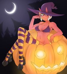 Rule 34 | 1girl, bikini, bottomless, candy, colored skin, crescent moon, demon, demon girl, food, glasses, green eyes, halloween, highres, horns, ittla, jack-o&#039;-lantern, moon, night, oni, original, pointy ears, red skin, smile, solo, swimsuit, thighhighs, witch