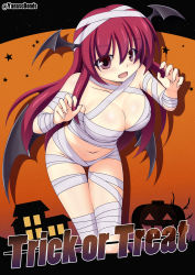 Rule 34 | 1girl, :d, bandages, bat wings, blush, breasts, collarbone, commentary request, cowboy shot, dot nose, drop shadow, english text, fang, hair between eyes, head wings, highres, house, jack-o&#039;-lantern, koakuma, kurenaidahlia, large breasts, long hair, looking at viewer, low wings, mummy costume, naked bandage, navel, open mouth, red eyes, red hair, sidelocks, smile, solo, speech bubble, star (symbol), sweatdrop, touhou, translation request, twitter username, wings