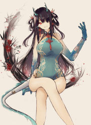 Rule 34 | 1girl, absurdres, aqua dress, aqua hair, arknights, bare legs, bare shoulders, bead bracelet, beads, black hair, bracelet, breasts, china dress, chinese clothes, commentary request, ddd (kzvs5583), dress, dusk (arknights), dusk (everything is a miracle) (arknights), feet out of frame, hair over one eye, hand up, highres, horns, invisible chair, jewelry, korean commentary, large breasts, long hair, looking at viewer, multicolored hair, official alternate costume, orange eyes, pointy ears, simple background, sitting, sleeveless, sleeveless dress, solo, streaked hair, tail, two side up, very long hair, yellow background