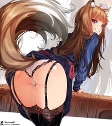 Rule 34 | 1girl, animal ear fluff, animal ears, arm support, ass, ass focus, black thighhighs, blue dress, brown hair, cleft of venus, clenched teeth, clothes lift, dress, dress lift, garter straps, grin, highres, holo, lace, lace-trimmed panties, lace-trimmed thighhighs, lace trim, leaning forward, likunea, long hair, long sleeves, looking at viewer, looking back, panties, patreon username, red eyes, smile, solo, spice and wolf, tail, teeth, thighhighs, twitter username, underwear, white panties, wolf ears, wolf girl, wolf tail