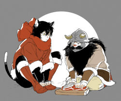 Rule 34 | 1boy, 1girl, animal ears, beard, black hair, black pants, boots, cat ears, cat girl, cat tail, covered mouth, cutting, cutting board, dungeon meshi, dwarf, facial hair, fake horns, food, full body, fur-trimmed boots, fur-trimmed sleeves, fur trim, grey background, helmet, holding, holding knife, horned helmet, horns, inorenkon, izutsumi, jacket, knee boots, knees up, knife, long beard, long sleeves, looking down, meat, mismatched animal ear colors, mustache, pants, red footwear, red jacket, red scarf, scarf, seiza, senshi (dungeon meshi), short hair, sitting, tail, winter clothes, yellow eyes