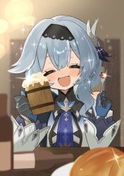 Rule 34 | 1girl, absurdres, alcohol, beer, black gloves, black hairband, blue gloves, blue necktie, blush, clothing cutout, commentary, cup, drunk, eula (genshin impact), food, fork, genshin impact, gloves, hair between eyes, hair ornament, hairband, happy, highres, holding, holding cup, holding fork, indoors, long sleeves, medium hair, necktie, on chair, open mouth, shoulder cutout, sidelocks, sitting, solo, sparkle, symbol-only commentary, tankard, turkey (food), two-tone gloves, upper body, white sleeves, wide sleeves, yanfeikawaii