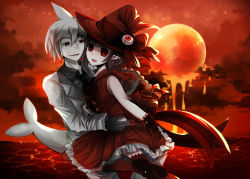 Rule 34 | 1boy, 1girl, bad end, bow, braid, brown hair, dark persona, empty eyes, evil grin, evil smile, eyeball, fins, fish tail, formal, funamusea, gloves, grin, hat, hat bow, hug, looking at viewer, melting, moon, ocean, oounabara to wadanohara, open mouth, orange moon, pale skin, red eyes, red sky, revanche, shark tail, sidelocks, silver hair, sky, smile, spoilers, suit, surreal, syake (funamusea), tail, twin braids, wadanohara, witch hat