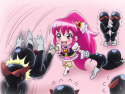 Rule 34 | 10s, 1girl, aino megumi, boots, bow, broken, brooch, chibi, choiark, cure lovely, happinesscharge precure!, heart, heart brooch, hitting, human weapon, leg grab, long hair, magical girl, mameshiba (pixiv 59310), pink bow, pink eyes, pink hair, ponytail, precure, scared, skirt, smile, thigh boots, thighhighs, wide ponytail
