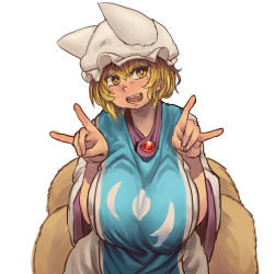 Rule 34 | 1girl, animal hat, blonde hair, breasts, chanta (ayatakaoisii), cowboy shot, double fox shadow puppet, dress, fang, fox shadow puppet, fox tail, hand gesture, hat, head tilt, hip focus, huge breasts, long sleeves, looking to the side, mob cap, multiple tails, open mouth, short hair, simple background, solo, tabard, tail, teeth, tongue, touhou, white background, white dress, wide sleeves, yakumo ran, yellow eyes