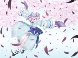 Rule 34 | 1girl, breasts, cherry blossoms, dress, female focus, gradient background, hand fan, hat, highres, jerry, nature, petals, pink hair, plant, saigyouji yuyuko, short hair, solo, touhou, wallpaper