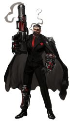 Rule 34 | 1boy, absurdres, alternate costume, armor, beard, cigarette, clenched hand, coat, collared shirt, dopey (dopq), eyepatch, facial hair, gauntlets, graves (league of legends), gun, highres, league of legends, leg armor, looking at viewer, male focus, manly, mature male, necktie, red eyes, shirt, shoes, short hair, shoulder pads, simple background, smirk, smoke, smoking, solo, teeth, weapon, white background