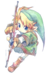 Rule 34 | 1boy, arrow (projectile), artist request, blonde hair, blue eyes, bow (weapon), earrings, full body, hat, jewelry, link, male focus, nintendo, pointy ears, solo, source request, the legend of zelda, traditional media, tunic, weapon