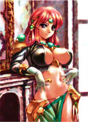 Rule 34 | 1girl, against wall, ariel org, armor, breasts, circlet, cleavage, cleavage cutout, clothing cutout, cowboy shot, crop top, fireplace, gem, gloves, grin, groin, hair ornament, hair rings, half updo, hisahiko, indoors, jewelry, large breasts, long hair, long sleeves, looking at viewer, lowleg, lowleg skirt, midriff, navel, neck ring, no bra, no panties, painting (object), parted bangs, pink hair, purple eyes, real robot regiment, skirt, smile, solo, standing, white gloves