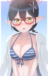 Rule 34 | 1girl, absurdres, artist request, ayane (blue archive), bikini, black hair, blue archive, blue sky, blush, border, braid, breasts, cleavage, collarbone, flower, glasses, gradient background, hair flower, hair ornament, halo, highres, jacket, large breasts, looking at viewer, low ponytail, medium breasts, navel, open clothes, open jacket, open mouth, own hands clasped, pointy ears, portrait, short hair, short ponytail, sky, standing, string bikini, striped bikini, striped clothes, swimsuit, upper body, white border, yellow eyes