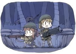 Rule 34 | 2girls, abyssal ship, blush, bolt action, brown hair, enemy lifebuoy (kancolle), fairy (kancolle), gun, hat, helmet, holding, holding gun, holding weapon, jura cambri, kantai collection, long hair, long sleeves, m1903 springfield, military, military uniform, multiple girls, open mouth, outdoors, ponytail, pouch, rifle, skirt, smile, sweat, uniform, weapon