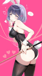 1girl absurdres alternate_costume animal_ear_hairband animal_ears ass black_leotard black_thighhighs blush breasts cue_stick fake_animal_ears fake_tail gakuen_idolmaster hairband hataya_misuzu heart heart_in_eye highres holding_cue_stick idolmaster leotard looking_at_viewer looking_to_the_side medium_breasts mole mole_under_mouth playboy_bunny purple_eyes purple_hair rabbit_ear_hairband rabbit_ears rabbit_tail short_hair sikimosh solo spoken_blush strapless strapless_leotard symbol_in_eye tail thighhighs wrist_cuffs