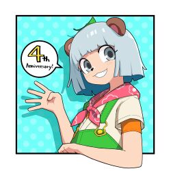 Rule 34 | 1girl, animal ears, animal nose, anniversary, floral print, green overalls, grey eyes, grey hair, grin, highres, leaf, leaf on head, looking at viewer, mode aim, overalls, ponpoko (vtuber), raccoon ears, raccoon girl, shirt, short hair, short sleeves, simple background, smile, solo, upper body, virtual youtuber, yachima tana