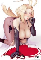 Rule 34 | 1girl, all fours, antenna hair, blonde hair, blood, blush, breasts, cleavage, closed mouth, commentary, elbow gloves, english commentary, unworn eyewear, feet out of frame, glasses, gloves, heart, heart-shaped pupils, highres, holding, huge breasts, lipstick, long hair, looking at viewer, mahou tsukai no yome, makeup, materclaws, pointy ears, purple gloves, red lips, redcurrant (mahou tsukai no yome), revealing clothes, see-through, smile, solo, symbol-shaped pupils, thong