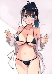 Rule 34 | 1girl, bikini, black hair, blue eyes, blush, breasts, collarbone, commentary request, embarrassed, gluteal fold, hair ribbon, highres, large breasts, long hair, long sleeves, looking at viewer, original, ponytail, ribbon, rucchiifu, shirt, sketch, solo, standing, string bikini, swimsuit, thigh gap, white shirt