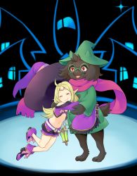 Rule 34 | 1boy, 1girl, absurdres, commission, commissioner upload, crossover, deltarune, fire emblem, fire emblem awakening, fire emblem heroes, furry, furry male, glasses, halloween costume, hat, highres, horns, hug, igni tion, nintendo, nowi (fire emblem), pointy ears, ralsei, scarf, witch hat
