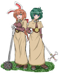 Rule 34 | 2girls, acolyte (ragnarok online), animal ears, blood, bloody weapon, blue eyes, blush, bow, breasts, brown capelet, brown shirt, brown skirt, capelet, closed mouth, commentary request, cross, full body, gloves, grass, green eyes, green hair, hair bow, hand on own hip, holding, holding weapon, koutarou (plusdrive), large breasts, long hair, long sleeves, looking at viewer, mace, multiple girls, open mouth, orange hair, ponytail, rabbit ears, ragnarok online, red bow, shirt, shoes, short hair, skirt, small breasts, smile, standing, weapon, white background, white gloves