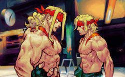 Rule 34 | 2boys, abs, alex (street fighter), blonde hair, blue eyes, dual persona, faceoff, fingerless gloves, gloves, headband, height difference, long hair, multiple boys, muscular, topless male, steven mack, street fighter, street fighter iii (series), tattoo, time paradox, aged down