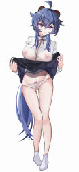 Rule 34 | 1girl, absurdres, ahoge, alternate breast size, black skirt, blue hair, bow, bow panties, bowtie, breasts, button gap, cameo, character print, choker, closed mouth, clothes lift, collared shirt, contemporary, covered erect nipples, dress shirt, full body, ganyu (genshin impact), genshin impact, gluteal fold, groin, hair between eyes, highres, horns, large breasts, lifted by self, long hair, long sleeves, looking at viewer, miniskirt, nipples, no bra, no shoes, paimon (genshin impact), panties, pleated skirt, print panties, purple eyes, red bow, red bowtie, see-through, shirt, sidelocks, simple background, skirt, skirt lift, socks, solo, standing, stomach, suyujiu u, thigh gap, two-sided fabric, underwear, very long hair, white background, white panties, white shirt, white socks