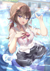 Rule 34 | 1girl, :d, bad id, bad pixiv id, black skirt, blurry, blurry background, bottle, bra, brown hair, collared shirt, commentary request, day, depth of field, dress shirt, hair between eyes, hair ornament, hairclip, hand up, highres, holding, holding bottle, long hair, low twintails, moe2022, natuna natu, open mouth, original, outdoors, pouring, pouring onto self, purple eyes, school uniform, see-through, shirt, skirt, smile, solo, striped bra, striped clothes, twintails, underwear, vertical-striped bra, vertical-striped clothes, water, water bottle, wet, wet clothes, wet shirt