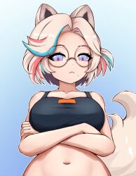 Rule 34 | 1girl, animal ears, arms under breasts, asymmetrical hair, black camisole, blonde hair, blue eyes, blue hair, breasts, brown-framed eyewear, camisole, cleavage, crossed arms, denim, fox ears, fox girl, fox tail, funaby (vtuber), glasses, highres, jacket, jeans, large breasts, leaning forward, looking at viewer, mole, mole under mouth, multicolored eyes, multicolored hair, navel, one side up, owozu, pants, pink hair, purple eyes, slash-ex, solo, stomach, streaked hair, tail, virtual youtuber