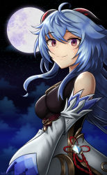 Rule 34 | 1girl, absurdres, bare shoulders, bell, blue hair, blush, breasts, chinese knot, closed mouth, detached sleeves, from side, full moon, ganyu (genshin impact), genshin impact, highres, horns, long hair, looking at viewer, mixed-language commentary, moon, multicolored eyes, neck bell, night, night sky, purple eyes, red eyes, silverchariotx, sky, smile, solo, star (sky), starry sky