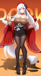 Rule 34 | 1girl, absurdres, aran sweater, azur lane, belfast (azur lane), belfast (shopping with the head maid) (azur lane), beret, black pantyhose, black skirt, blush, breasts, brown sweater, cable knit, chinese commentary, choker, cleavage, closed mouth, commentary request, dated, earrings, food, full body, hat, highres, hoop earrings, jewelry, large breasts, long hair, long sleeves, looking at viewer, nail polish, off-shoulder sweater, off shoulder, pantyhose, pencil skirt, pocky, red hat, red nails, revision, shawl, silver hair, skirt, smile, solo, standing, sweater, very long hair, wu ganlan cai