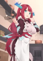 Rule 34 | 1girl, apron, blue eyes, blurry, blurry background, dragon girl, dragon horns, duel monster, highres, holding, horns, indoors, kitchen, kitchen dragonmaid, long hair, maid, maid headdress, meshida (lux-far-accelerator), red hair, solo, yu-gi-oh!