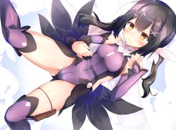 Rule 34 | 1girl, bare shoulders, black hair, blush, breasts, cape, closed mouth, commentary request, covered navel, detached sleeves, fate/kaleid liner prisma illya, fate (series), feather hair ornament, feathers, gluteal fold, hair ornament, hairclip, highleg, highleg leotard, highres, leotard, long hair, lying, magical girl, miyu edelfelt, on back, pouch, purple legwear, purple leotard, sakurayume kome, small breasts, solo, thigh strap, thighs, twintails, yellow eyes
