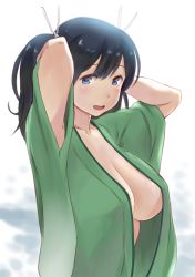Rule 34 | 10s, 1girl, armpit peek, arms up, black hair, blue eyes, blush, breasts, cleavage, highres, kantai collection, large breasts, looking at viewer, no bra, open mouth, ribbon, short hair, smile, solo, souryuu (kancolle), twintails, wa (genryusui)