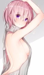 Rule 34 | 1girl, absurdres, akiran&#039;nu, arched back, arms up, backless dress, backless outfit, bad id, bad twitter id, bare back, blush, breasts, closed mouth, dress, fate/grand order, fate (series), from side, hair between eyes, halterneck, highres, light purple hair, looking at viewer, mash kyrielight, medium breasts, meme attire, naked sweater, pink hair, purple eyes, ribbed sweater, shade, short hair, sideboob, smile, solo, sweater, sweater dress, turtleneck, turtleneck sweater, upper body, virgin killer sweater, white sweater