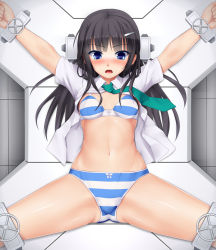 Rule 34 | 1girl, arms up, assisted exposure, bad id, bad pixiv id, bdsm, black hair, blue eyes, blush, bondage, bound, bra, breasts, eto, hair ornament, hairclip, highres, long hair, navel, necktie, no pants, open clothes, open shirt, original, panties, restrained, shirt, small breasts, solo, spread legs, stationary restraints, striped bra, striped clothes, striped panties, underwear, wide spread legs