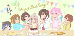 Rule 34 | +++, 6+girls, :d, ^ ^, ahoge, arm behind head, birthday, birthday cake, blonde hair, blue hair, blush, brown eyes, brown hair, bunting, cake, candle, cat, character name, closed eyes, colored inner hair, commentary request, dated, drooling, earrings, english text, facing another, fang, food, gift, green eyes, grey hair, hair between eyes, hair ornament, hairclip, hand on own hip, happy birthday, hat, highres, hozuki kaede, hozuki momiji, izanaminomickot, jewelry, lab coat, long hair, long sleeves, looking at another, multicolored hair, multiple girls, murosaki miyo, oka asahi, onii-chan wa oshimai!, open mouth, own hands clasped, own hands together, oyama mahiro, oyama mihari, pennant, pink hair, pizza, plate, ponytail, short hair, simple background, smile, sparkle, string of flags, stud earrings, tenkawa nayuta, twintails, two-tone hair