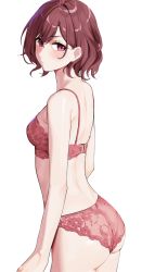 Rule 34 | 1girl, armpit crease, ass, blush, bra, breasts, brown hair, cowboy shot, gin00, highres, higuchi madoka, idolmaster, idolmaster shiny colors, lingerie, looking at viewer, looking to the side, mole, mole under eye, nape, panties, red bra, red eyes, red panties, see-through, see-through panties, short hair, sideways glance, simple background, small breasts, solo, swept bangs, underwear, underwear only, white background