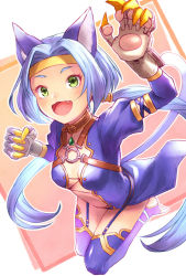 Rule 34 | 1girl, animal ears, blue hair, cat ears, cat tail, feet, full body, gloves, green eyes, headband, long hair, looking at viewer, low twintails, meracle chamlotte, o-ring, open mouth, smile, solo, star ocean, star ocean the last hope, tail, thighhighs, towasuke, twintails