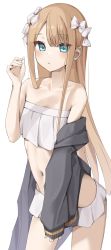 Rule 34 | 1girl, abigail williams (fate), abigail williams (swimsuit foreigner) (fate), abigail williams (swimsuit foreigner) (third ascension) (fate), absurdres, bare shoulders, bikini, black jacket, blonde hair, blue eyes, blush, bow, breasts, collarbone, fate/grand order, fate (series), hair bow, highres, jacket, kopaka (karda nui), long hair, long sleeves, looking at viewer, miniskirt, multiple hair bows, navel, off shoulder, open clothes, open jacket, sidelocks, skirt, small breasts, solo, strapless, strapless bikini, swimsuit, thighs, twintails, very long hair, white bikini, white bow
