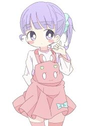 Rule 34 | 1girl, arm behind back, blue bow, blue scrunchie, blunt bangs, bow, closed mouth, commentary request, dress, hair ornament, hair scrunchie, hand up, highres, long sleeves, looking at viewer, manaka non, pinafore dress, pink dress, pink thighhighs, pretty series, pripara, purple eyes, purple hair, ranirani (syohousen8), scrunchie, short hair, side ponytail, simple background, sleeveless, sleeveless dress, solo, sweater, thighhighs, white background, white sweater