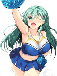 Rule 34 | 10s, 1girl, aqua eyes, aqua hair, arm up, armpits, blush, breasts, cheerleader, cleavage, female focus, gin&#039;ichi (akacia), hair ornament, hairclip, kantai collection, large breasts, long hair, midriff, navel, one eye closed, open mouth, pom pom (cheerleading), simple background, skirt, smile, solo, suzuya (kancolle), sweat, thighs