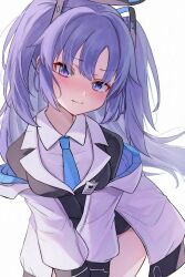 Rule 34 | 1girl, absurdres, blue archive, blue eyes, blue hair, blue necktie, blush, breasts, closed mouth, collared shirt, cowboy shot, formal, halo, highres, id card, jacket, katsukare, large breasts, long hair, long sleeves, looking at viewer, mechanical halo, name tag, necktie, purple eyes, purple hair, school uniform, shirt, simple background, solo, suit, two-sided fabric, two-sided jacket, white background, white shirt, yuuka (blue archive)