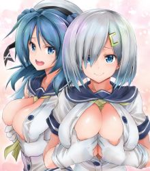 Rule 34 | 10s, 2girls, asahi (fullmetal madness), between breasts, blue eyes, blue hair, breasts, breasts squeezed together, collarbone, deep skin, double bun, gloves, hair bun, hair ornament, hair over one eye, hairclip, hamakaze (kancolle), hat, kantai collection, large breasts, long hair, looking at viewer, multiple girls, neckerchief, open clothes, open mouth, short hair, short sleeves, silver hair, smile, urakaze (kancolle), white gloves, white hat, yellow neckerchief