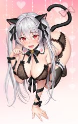 Rule 34 | 1girl, all fours, animal ears, arm ribbon, arrow (symbol), ass, bad id, bad pixiv id, bell, black bow, black bra, black ribbon, black thighhighs, blush, bow, bra, breasts, cat ears, cat tail, cleavage, covered erect nipples, detached collar, fang, frilled thighhighs, frills, full body, garter belt, gradient background, grey hair, hair ribbon, harajuku mimi, heart, highres, jingle bell, lace, lace-trimmed bra, lace bra, lace trim, large breasts, lingerie, lipstick, long hair, looking at viewer, makeup, no shoes, official art, open mouth, paw pose, pink background, pink bow, pink lips, re:shimashima, red eyes, ribbon, saliva, solo, strap slip, sweat, tail, tail bow, tail ornament, thighhighs, tokyo exe girls, two side up, underwear, very long hair